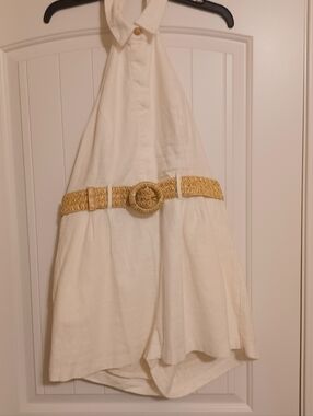 Cream Halter Romper with Decorative Gold Belt